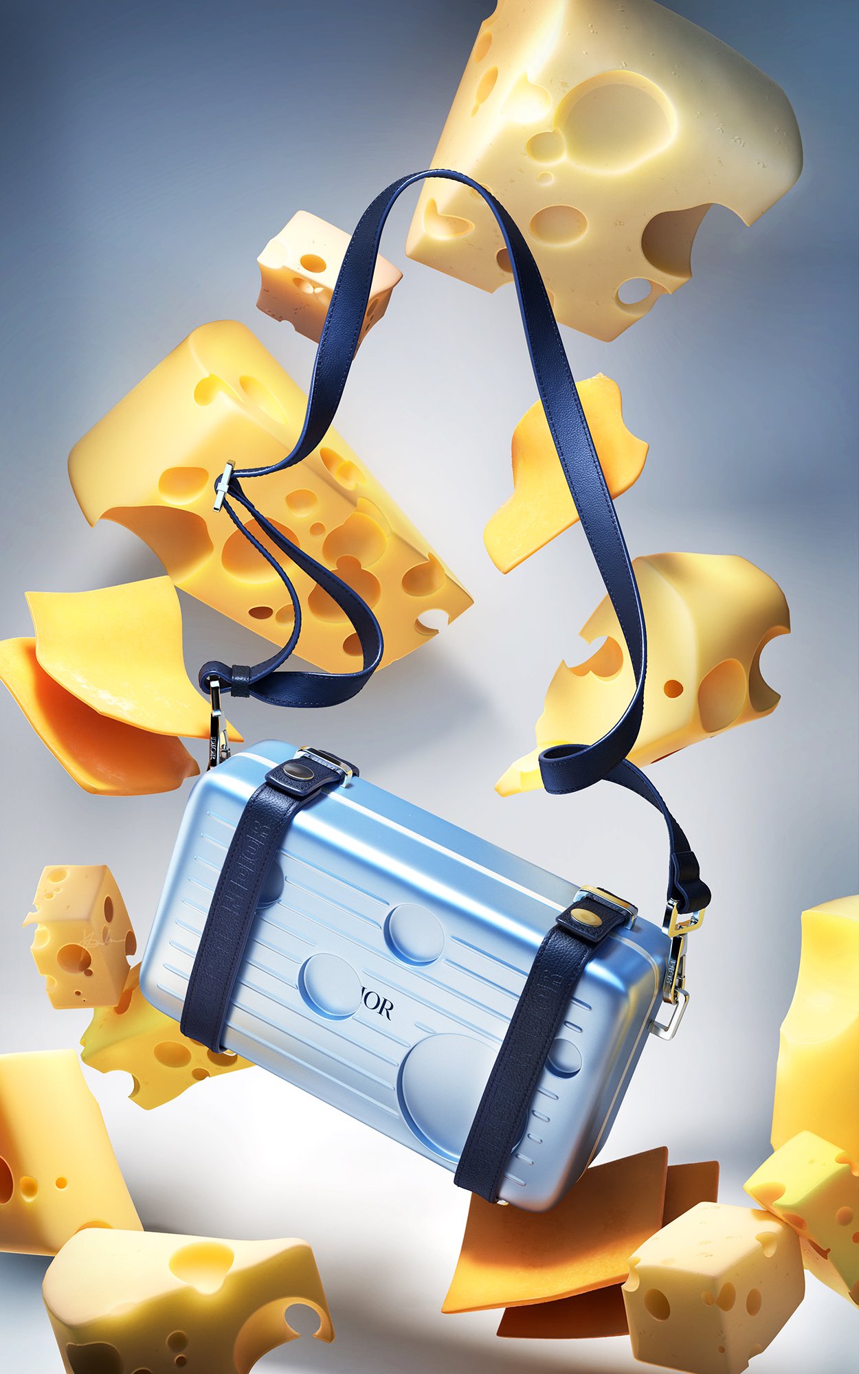 A desiger bag in the shape of cheese with cheese slices floating around it.