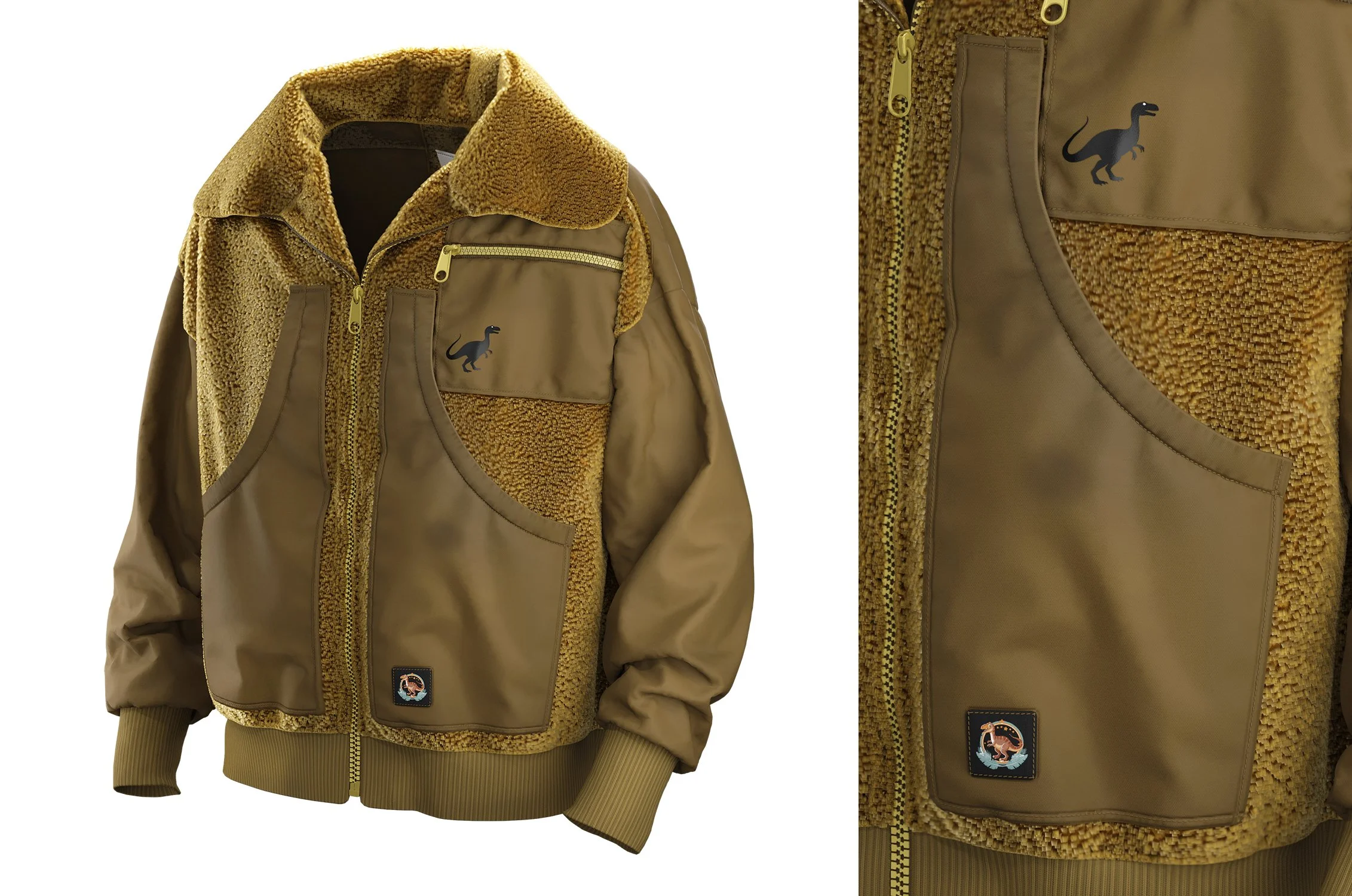Tan hiking jacket with faux fleece collar, featuring a small black dinosaur logo on the chest, multiple pockets, and a patch near the waistband.