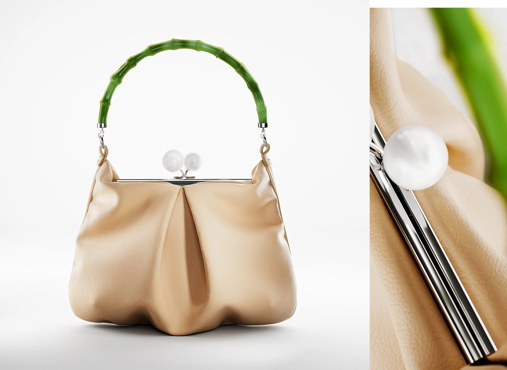 A beige handbag with a green bamboo-style handle and a pearl clasp, shown in a close-up on the right side highlighting the pearls and metallic frame.