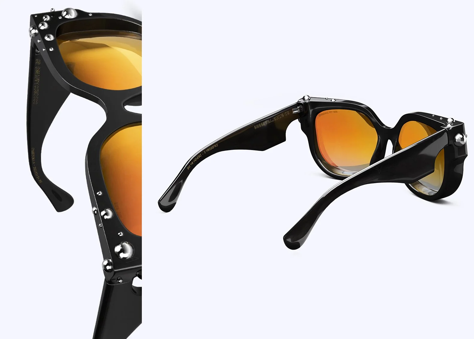 Close-up of black sunglasses with orange-tinted lenses and metallic accents on a white background.