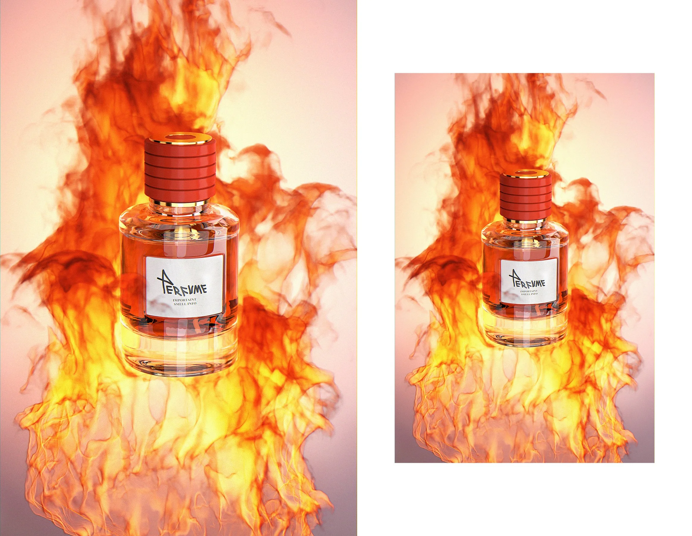 A perfume bottle with a red striped cap surrounded by flames and smoke.
