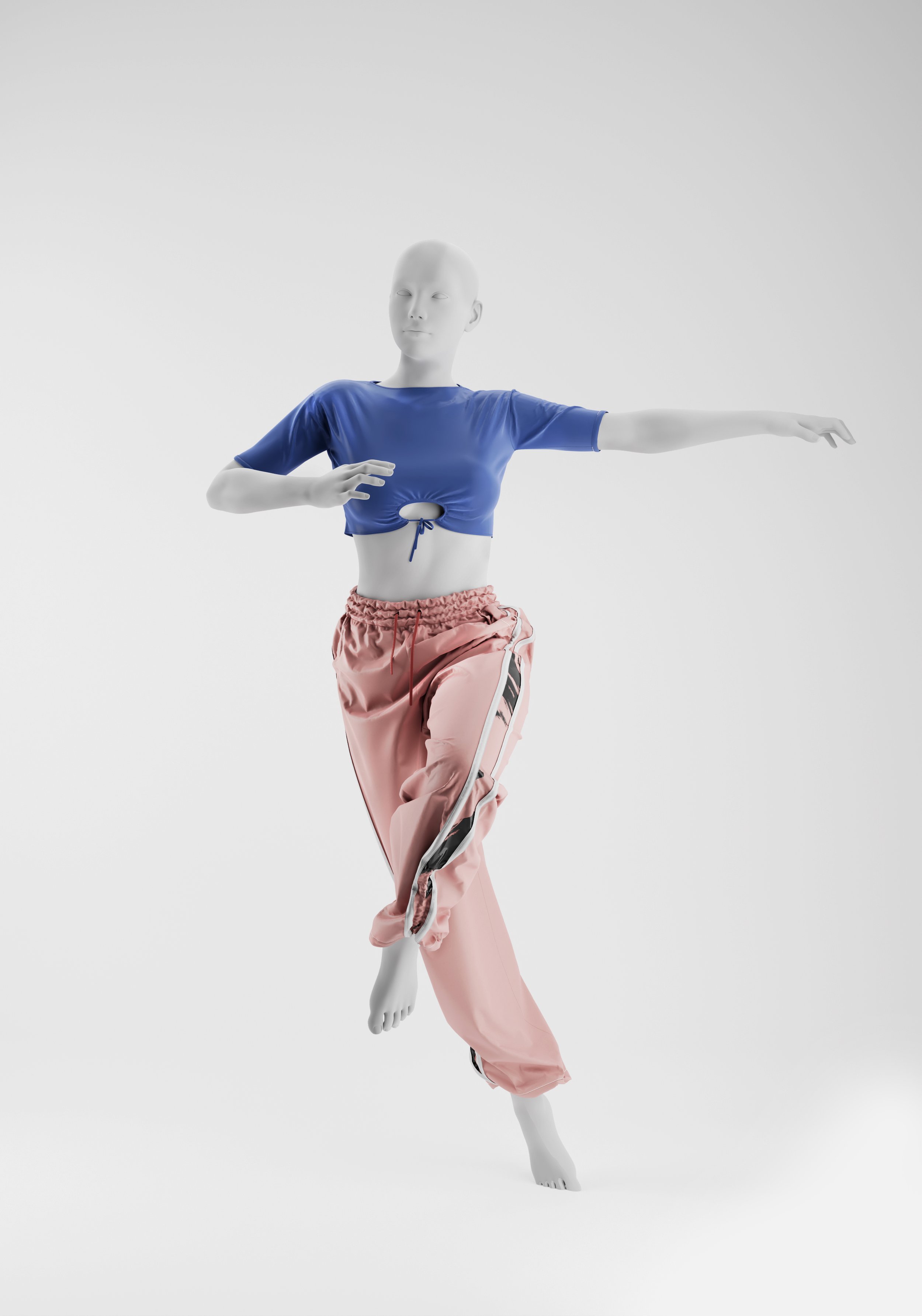 A mannequin dressed in a blue cropped top and pink athletic pants, posed as if dancing or balancing on one leg, against a plain white background.