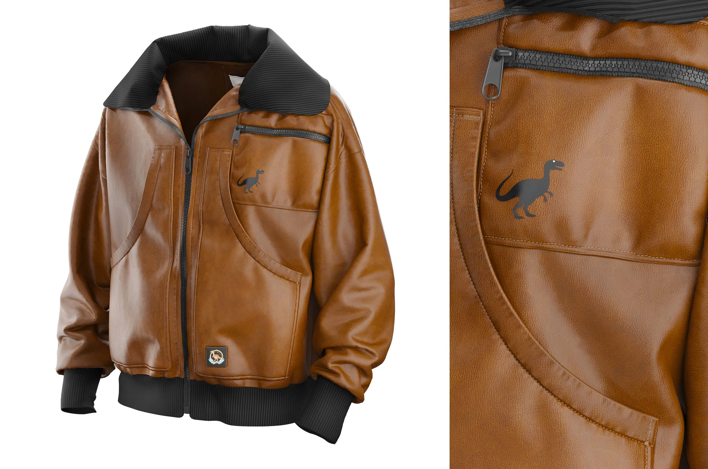 A brown leather jacket with black details, including a black collar and black cuffed sleeves. It features a small black dinosaur logo on the chest and a patch at the bottom.