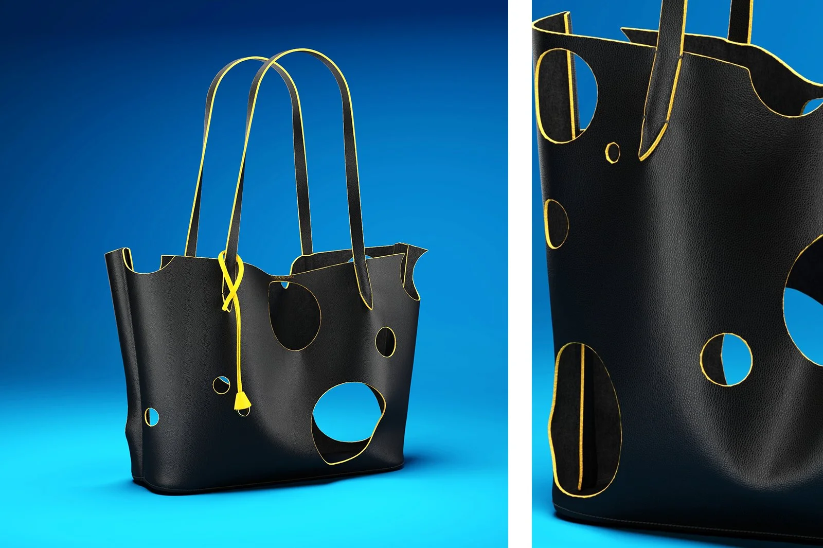 Black tote bag with yellow outlined circular cutouts and yellow piping, set against a blue background.