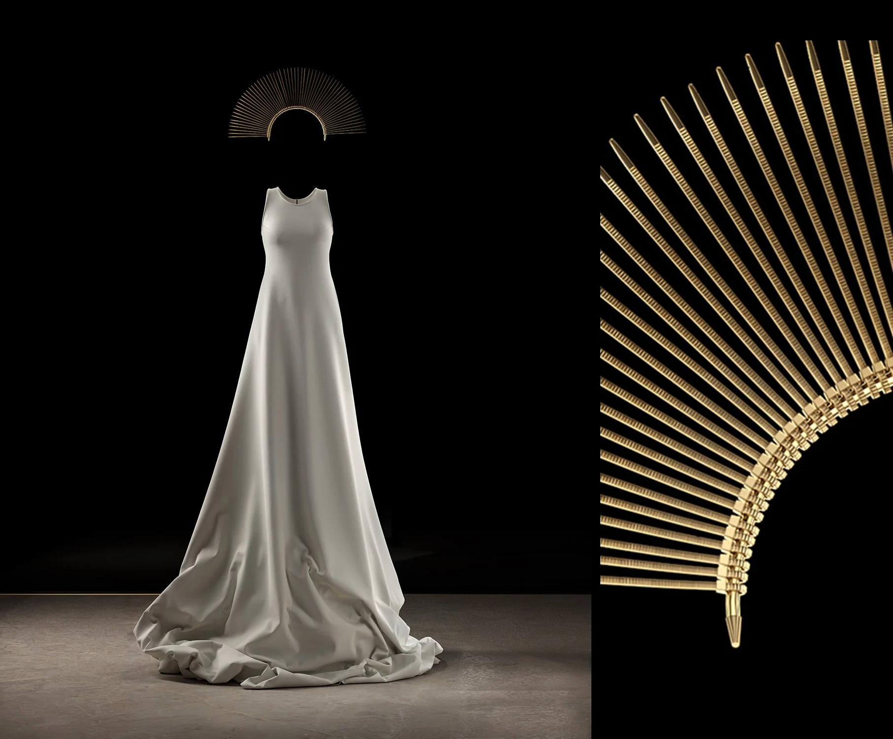 A white satin wedding dress on a mannequin, displayed against a black background, with decorative gold fan-like elements above and to the side.