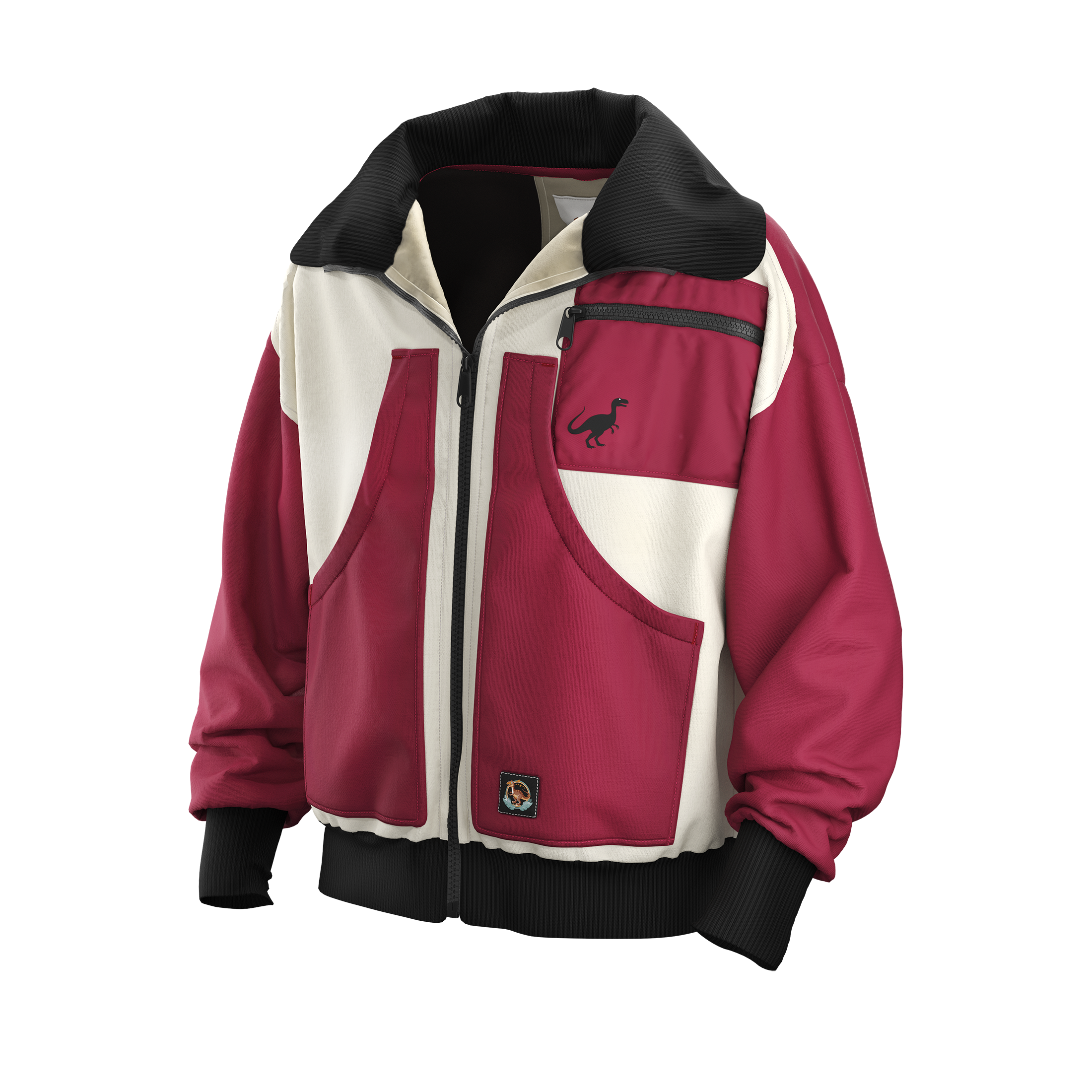 A vintage color-blocked jacket with red, cream, and black sections, featuring a zip front, multiple pockets, and a small dinosaur logo on the chest.