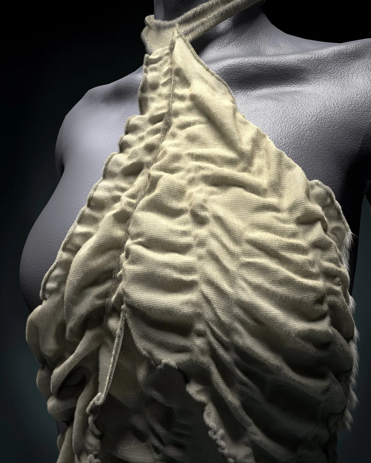 A beige, textured fabric in the shape of a brain draped over a black mannequin torso.