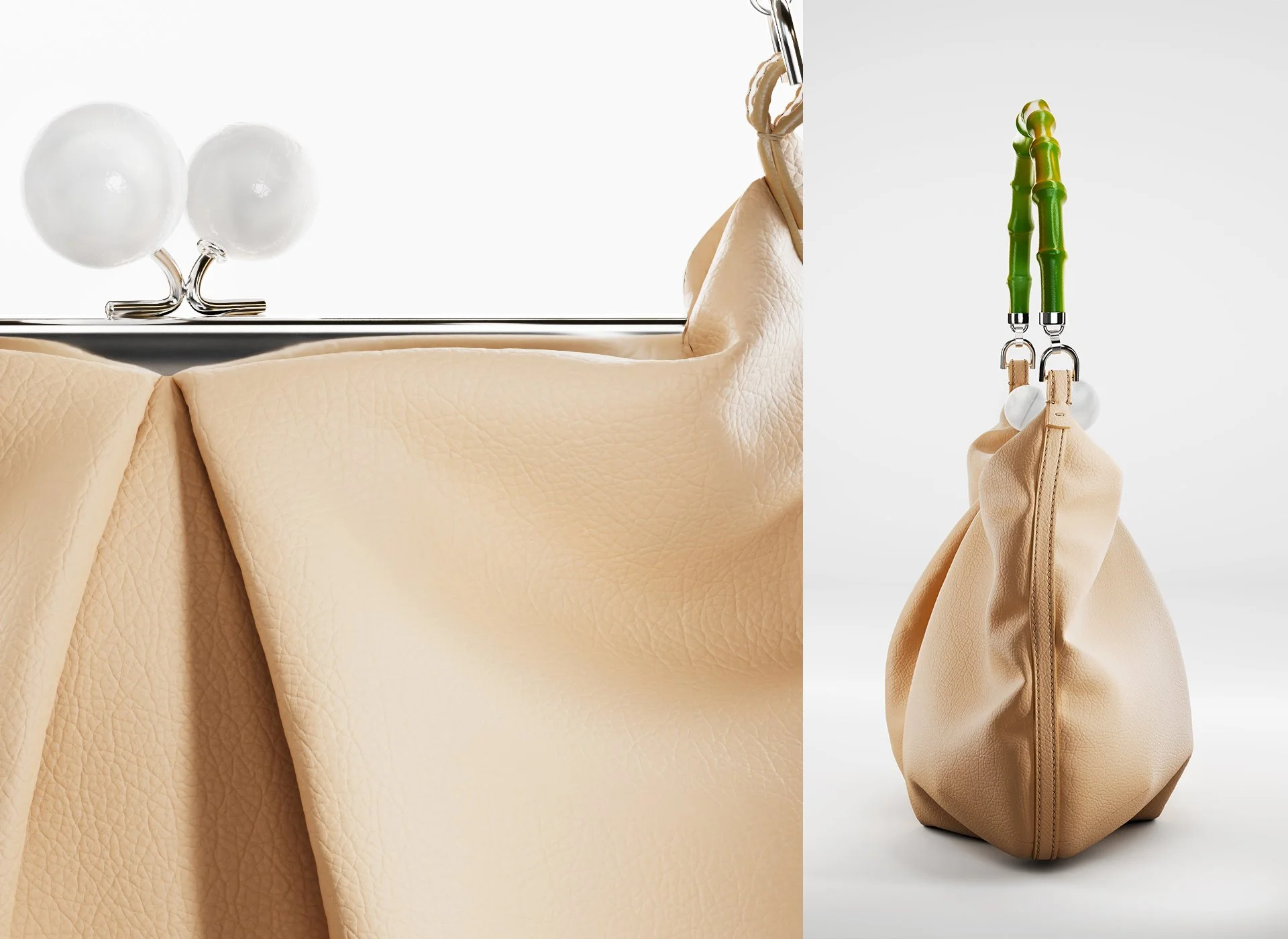 A beige leather bag with a zipper, hanging from a hook with two handles shaped like bamboo, one with white spherical knobs and the other with bamboo-style green handles, against a plain white background.