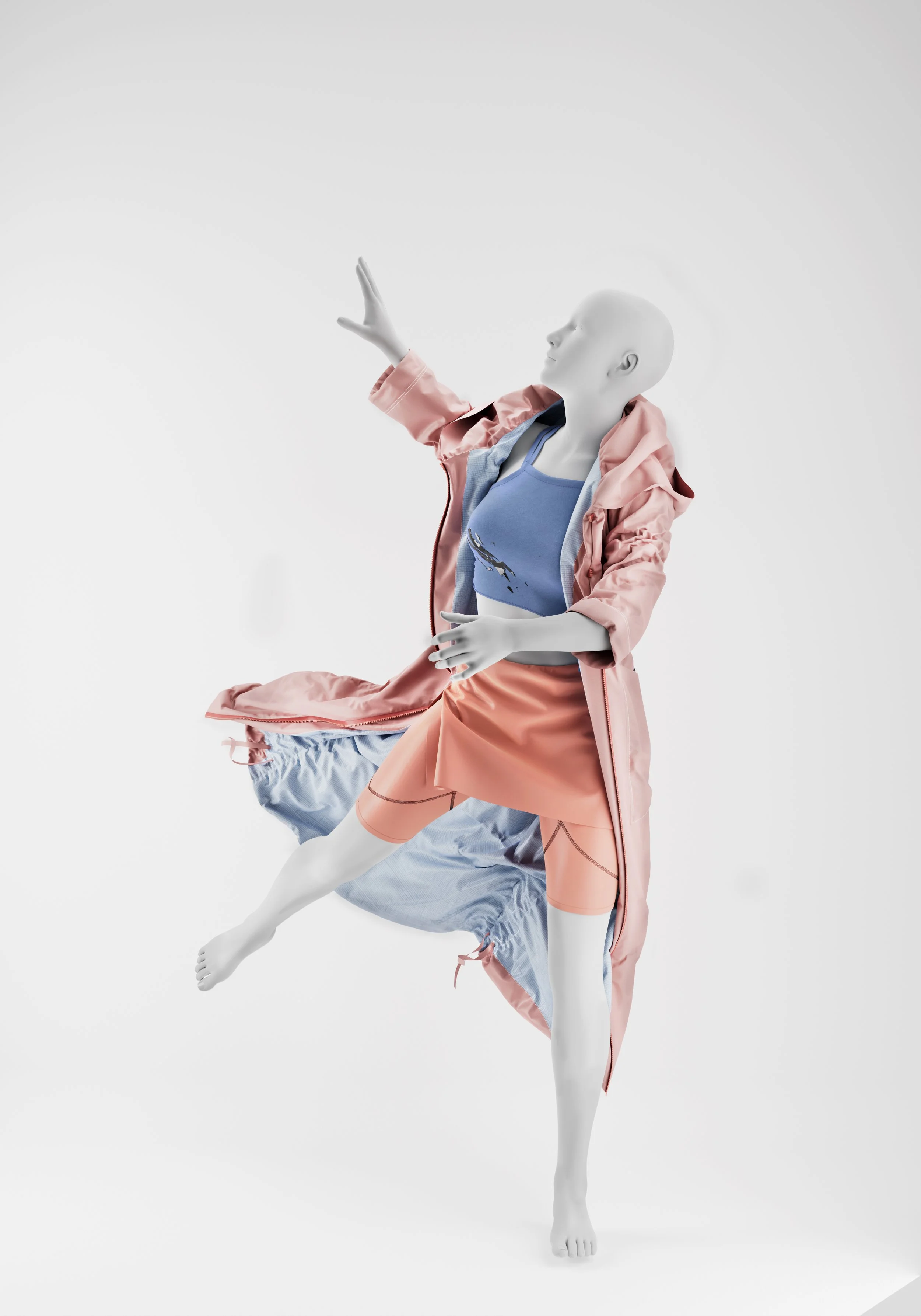 A mannequin dressed in pastel-colored athletic wear with a pink zip-up jacket, mauve shorts, and a blue sports bra, posed in a dynamic, dance-like position against a plain white background.