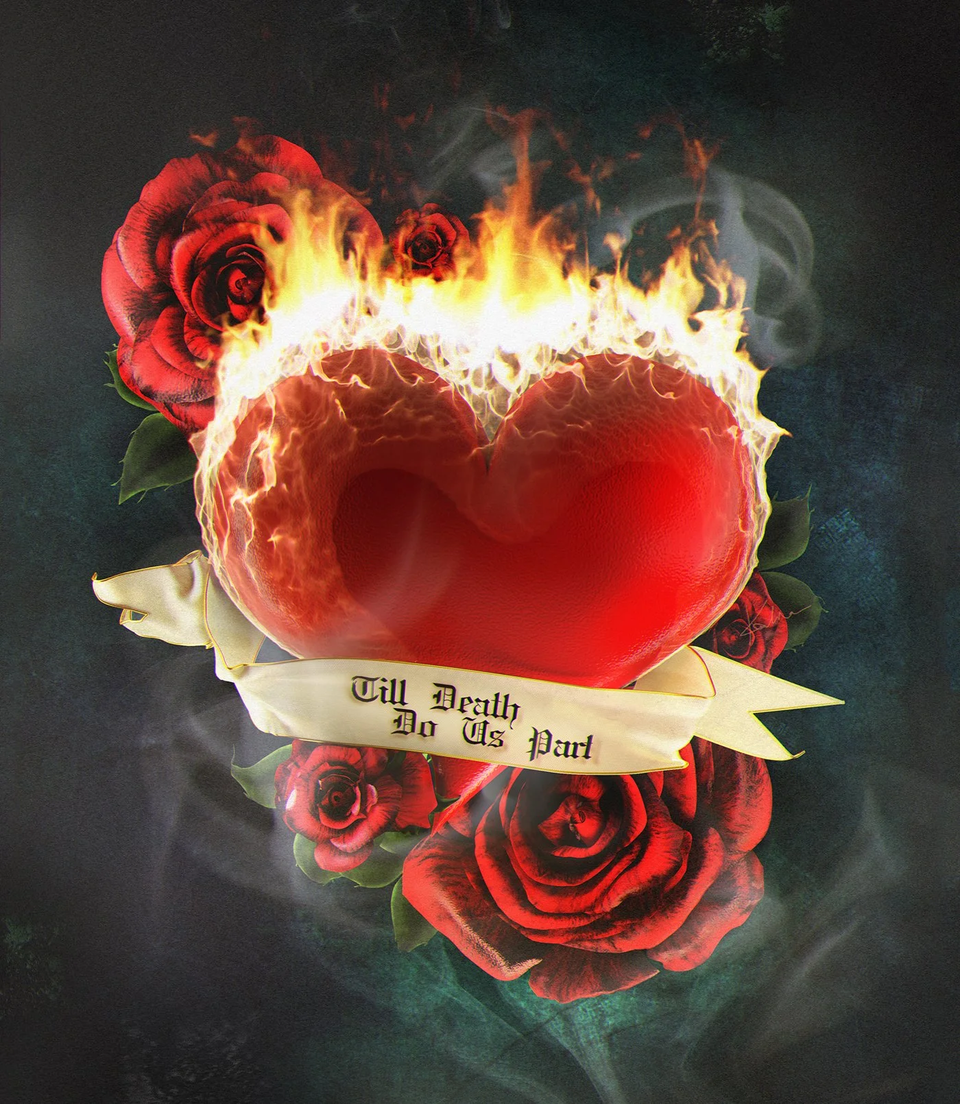 A heart with flames on top surrounded by red roses and a banner with the text 'Till Death Do Us Part'.