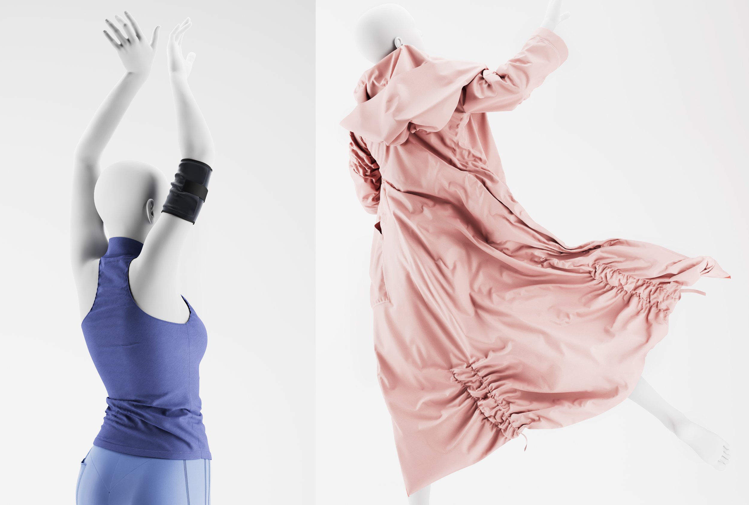 Side view of a mannequin in athletic wear with arms raised, wearing a purple tank top, gray leggings, and black wristbands on a plain white background; next to a person in a flowing pink dress with puffed sleeves and mid-calf length, positioned as if