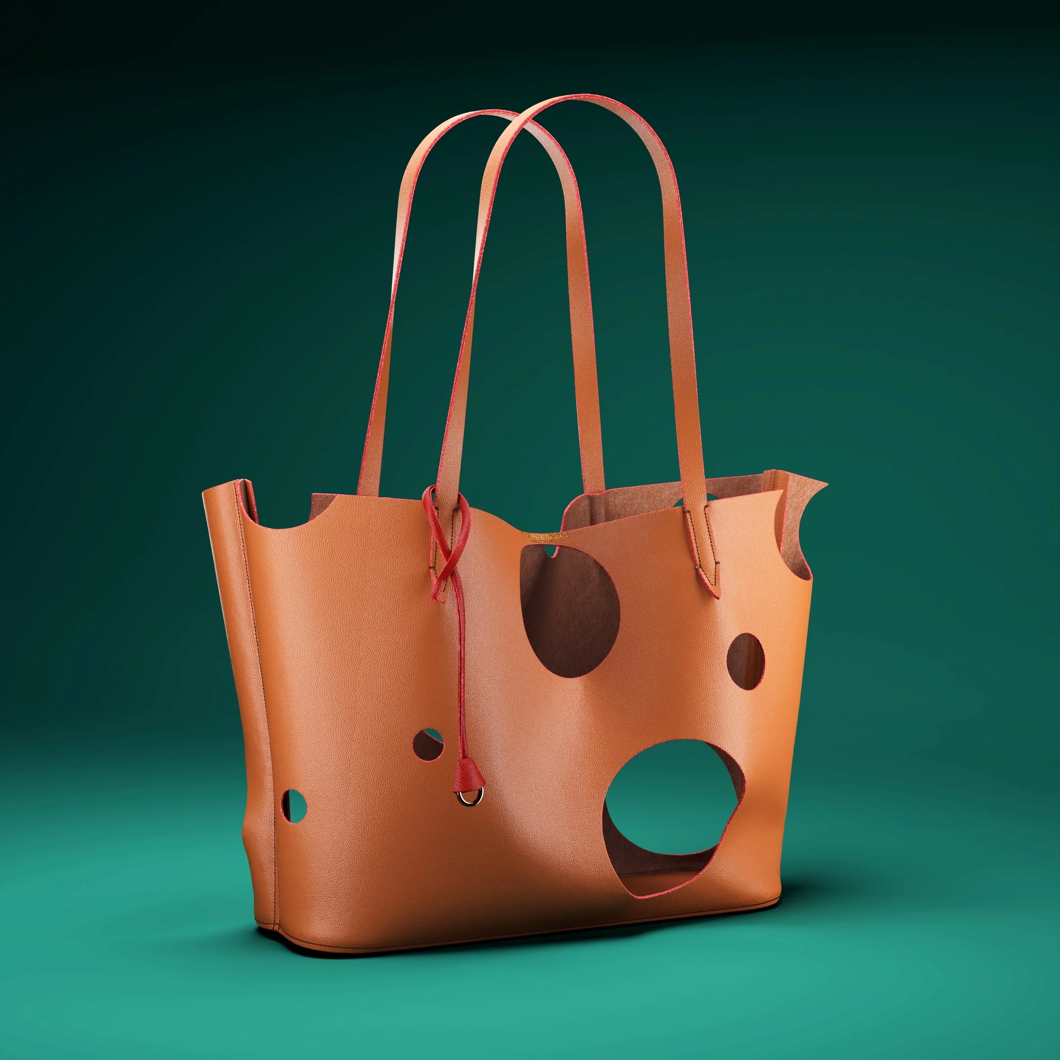 An orange tote bag with cut-out circles, set against a dark green background.