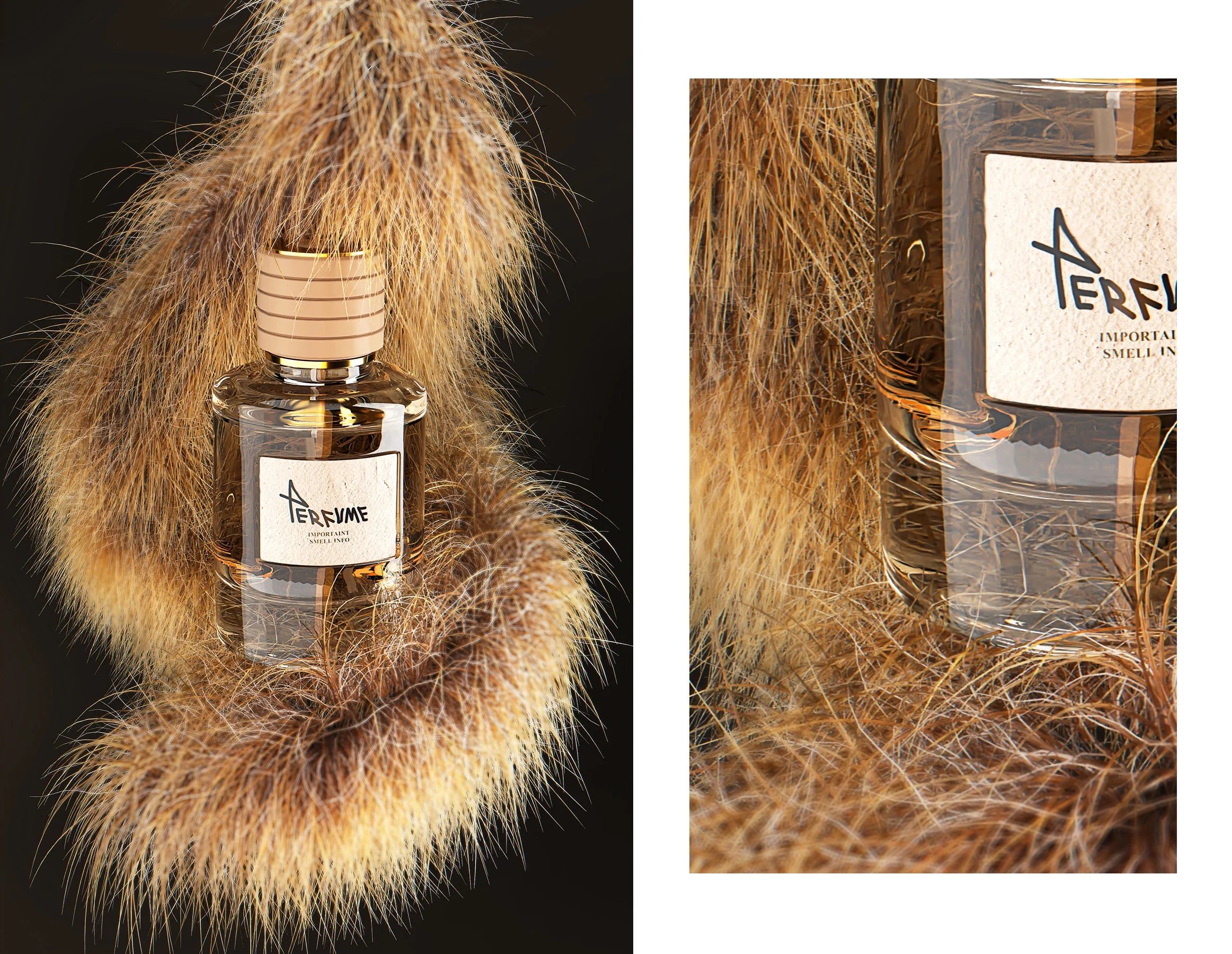 A fragrance bottle labeled 'AERFA' surrounded by light brown, fluffy, dried grass.