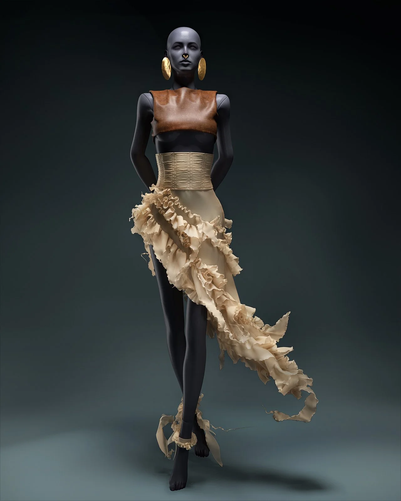 A black mannequin wearing a brown sleeveless top, cream-colored high-waisted skirt with ruffled accents, large gold earrings, and a nose ring, standing against a dark backdrop.