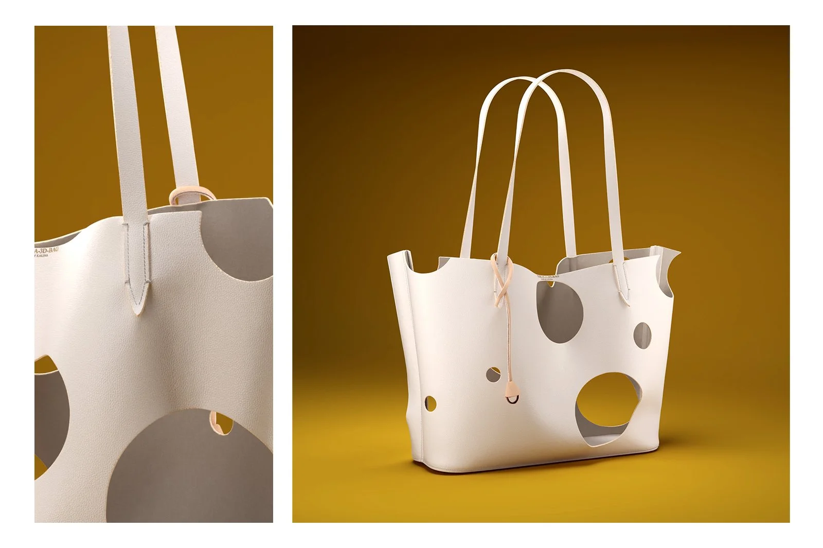 A white tote bag with large circular cutouts, featuring beige straps and a beige tag, set against a brown background.