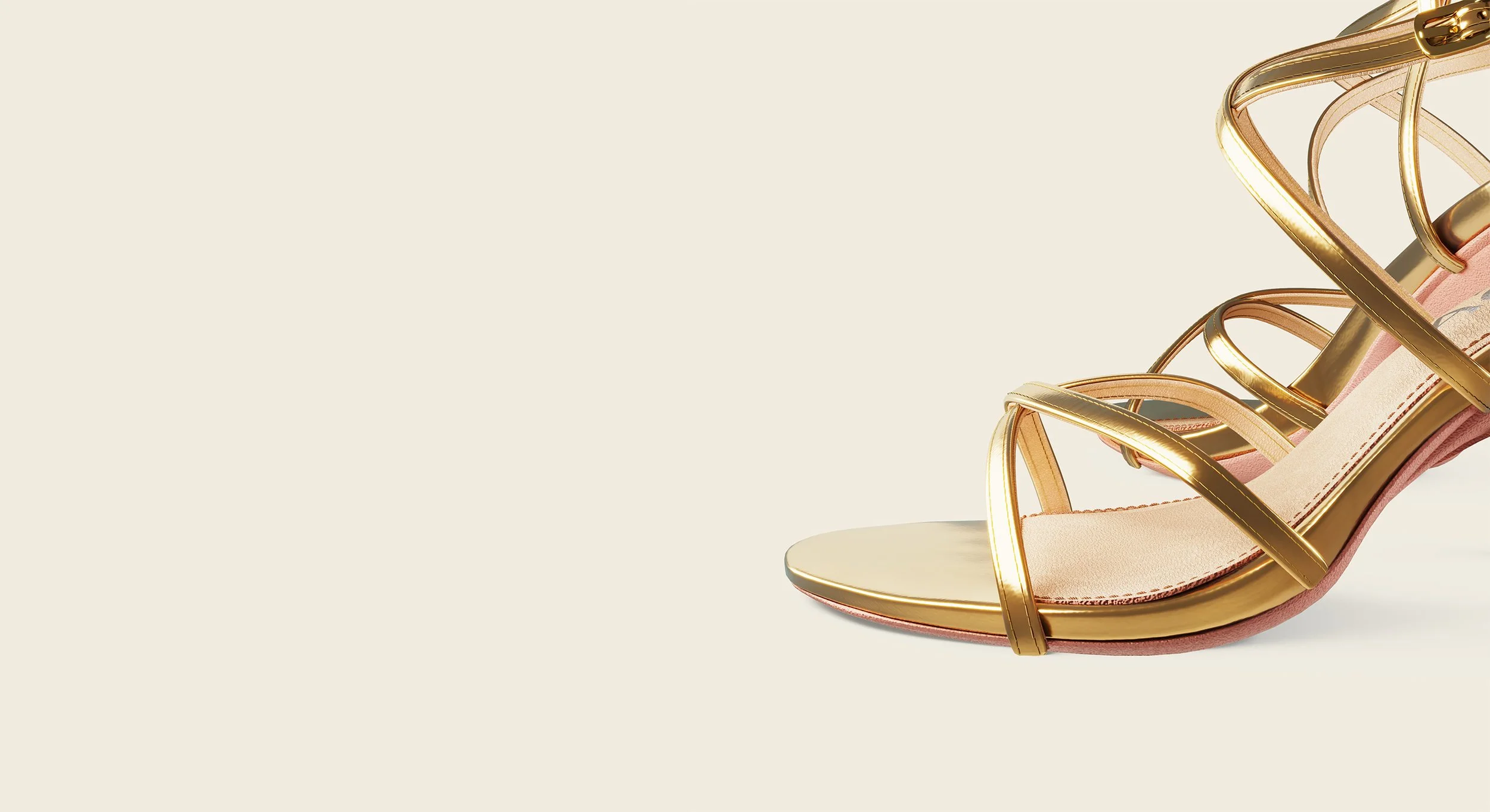 Close-up of a gold high-heeled sandal with multiple straps on a neutral background.