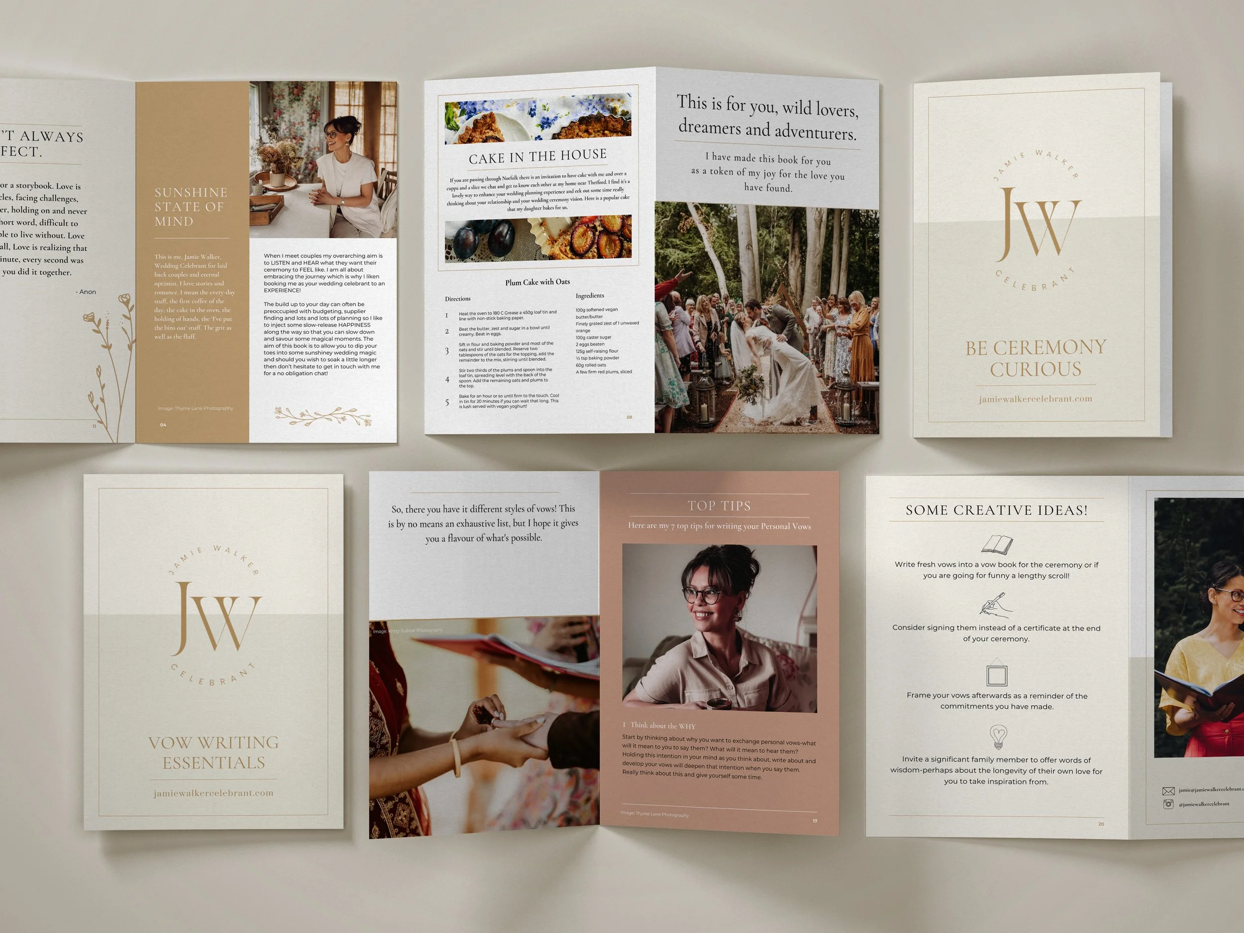 A collection of wedding invitation booklets and programs, featuring elegant, neutral-toned designs with text about wedding tips, creative ideas, vows, ceremony details, and photos of a wedding ceremony, wedding couple, and food dishes.