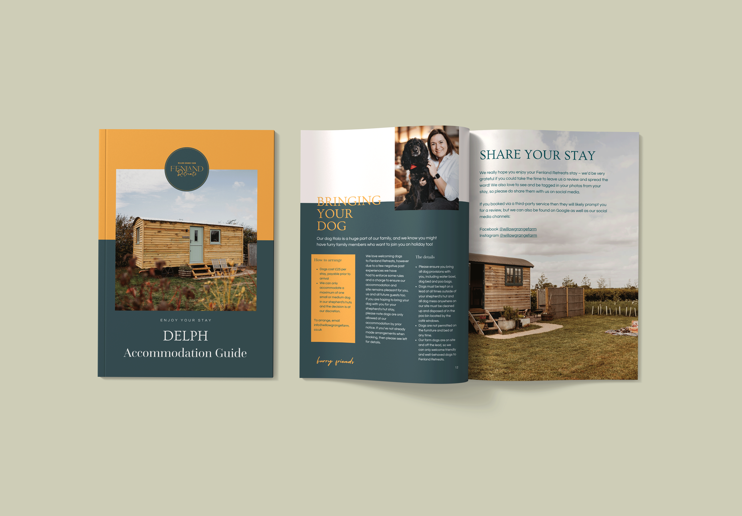 Brochure for Delph Accommodation Guide featuring a wooden cottage and an outdoor area with a dog and a woman sitting on a bench, discussing accommodations and pet policies.
