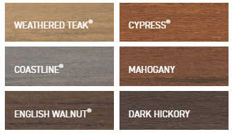 Six close-up wood samples labeled 'Weathered Teak,' 'Cypress,' 'Coastline,' 'Mahogany,' 'English Walnut,' and 'Dark Hickory'