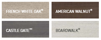 Sample of four different wood types labeled as French White Oak, American Walnut, Castle Gate, and Boardwalk.