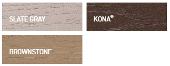 Swatches of three wood stain colors: Slate Gray, Kona, and Brownstone.