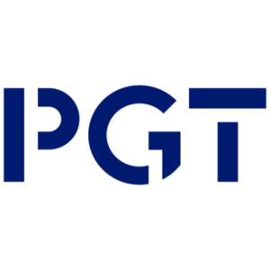 A logo with the letters PGT in dark blue font.
