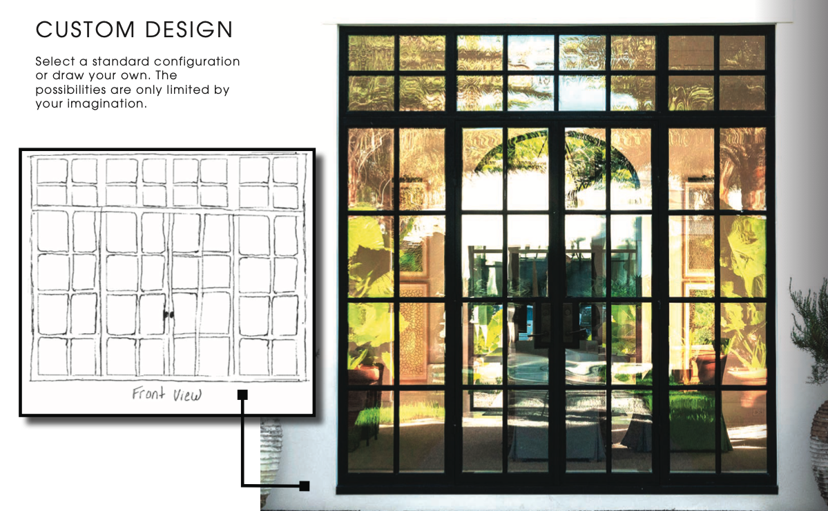 A sliding glass door with black grid mullions, leading to a patio with plants and outdoor furniture, with a reflection of trees in the glass.