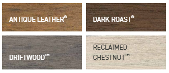 Four wood stain samples labeled Antique Leather, Dark Roast, Driftwood, and Reclaimed Chestnut.