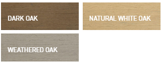 Swatches of three different oak wood colors: Dark Oak, Natural White Oak, and Weathered Oak.