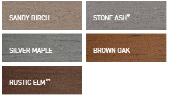 Color chart with six wood finishes: Sandy Birch, Stone Ash, Silver Maple, Brown Oak, Rustic Elm, and Aged Pecan.