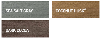 Three color swatches labeled Sea Salt Gray, Coconut Husk, and Dark Cocoa.