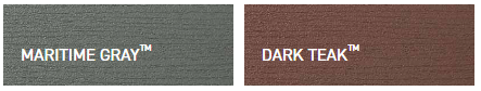 Swatches of two wood finishes labeled 'Maritime Gray' and 'Dark Teak'