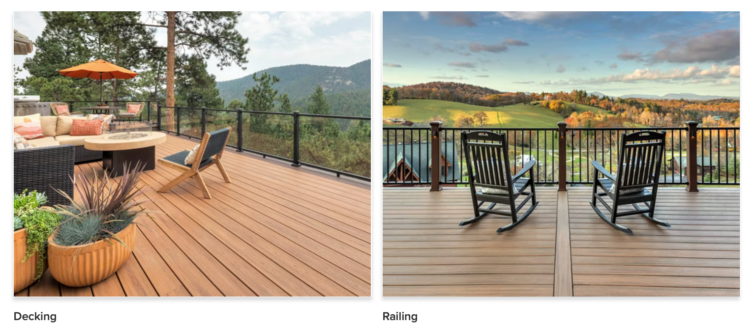 Side-by-side comparison of two outdoor decks; the left deck features outdoor furniture, plants in pots, and a view of trees and mountains, while the right deck has rocking chairs and offers a view of rolling hills and a cloudy sky.