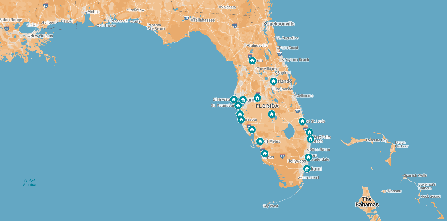 Map of Florida with icons indicating various locations across the state, including the Keys, Tampa, Orlando, and Jacksonville.