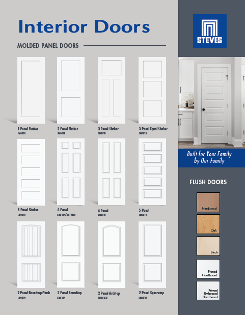 Catalog page showing various interior door styles, including molded panel, flush, and other door designs, with wood finish options on the right.