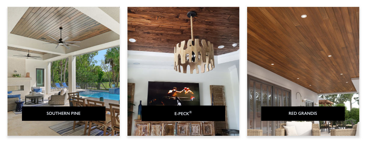 Image showing three different ceiling wood finishes for interior spaces. The first section has Southern Pine, with a light finish and a ceiling fan. The middle section features E-Peck, with a darker wood ceiling, a chandelier, and a television. The third section displays Red Grandis, with a medium-toned wood ceiling and part of an outdoor seating area.