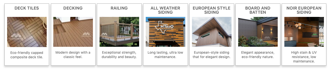 Comparison of different outdoor building materials and designs, including deck tiles, decking, railing, all-weather siding, European style siding, board and batten, and noir European siding, with descriptions of features such as eco-friendliness, durability, and aesthetic appeal.