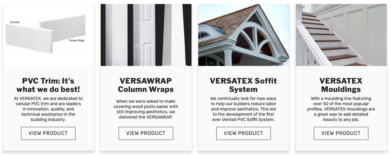 Photographs of building materials and systems, including PVC trim, column wraps, vented PVC soffit system, and mouldings, with product descriptions and 'View Product' buttons.