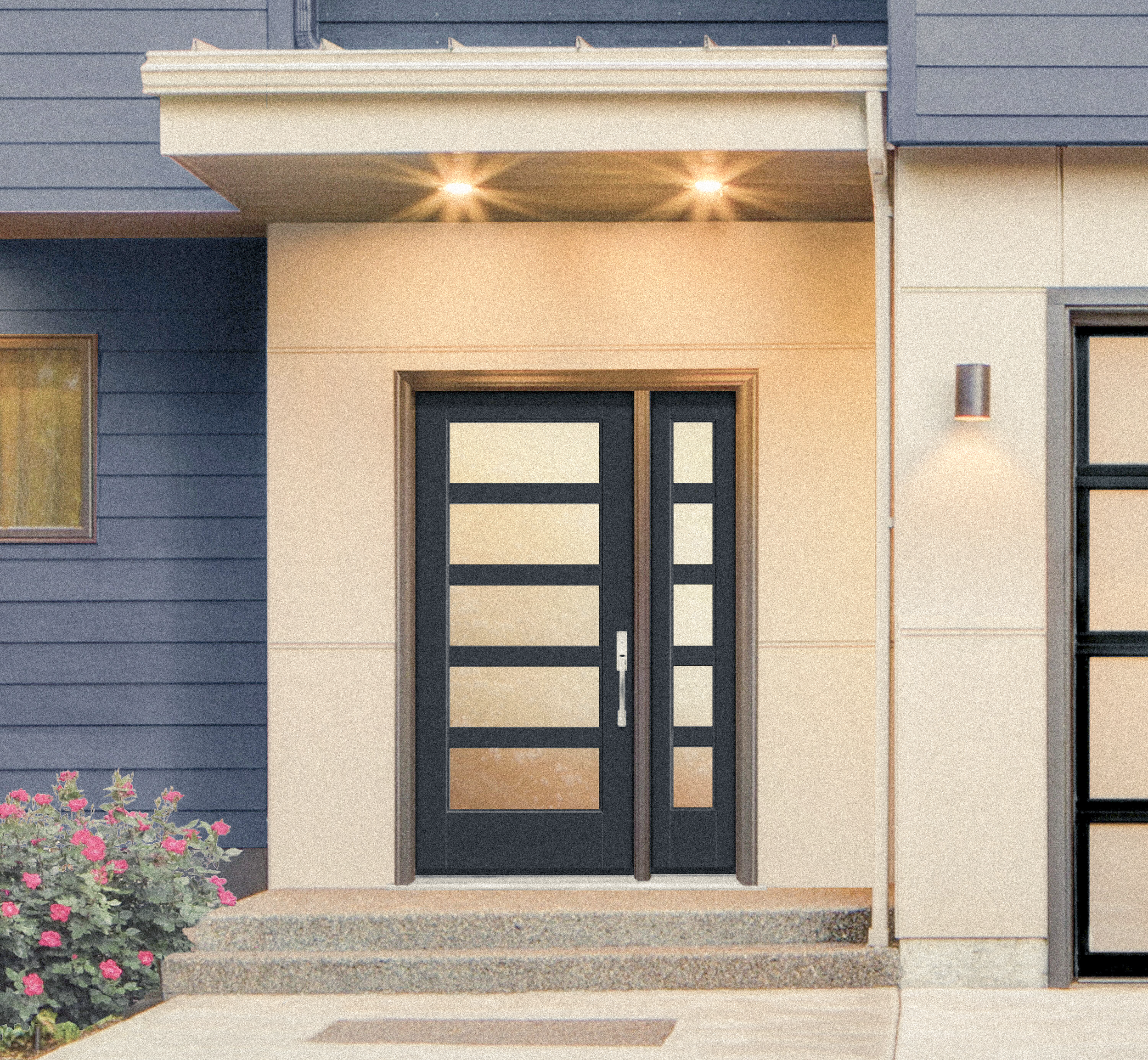 Living room with large black-framed windows, beige sofas, decorative pillows, coffee table with flowers, and a dining table with chairs.
