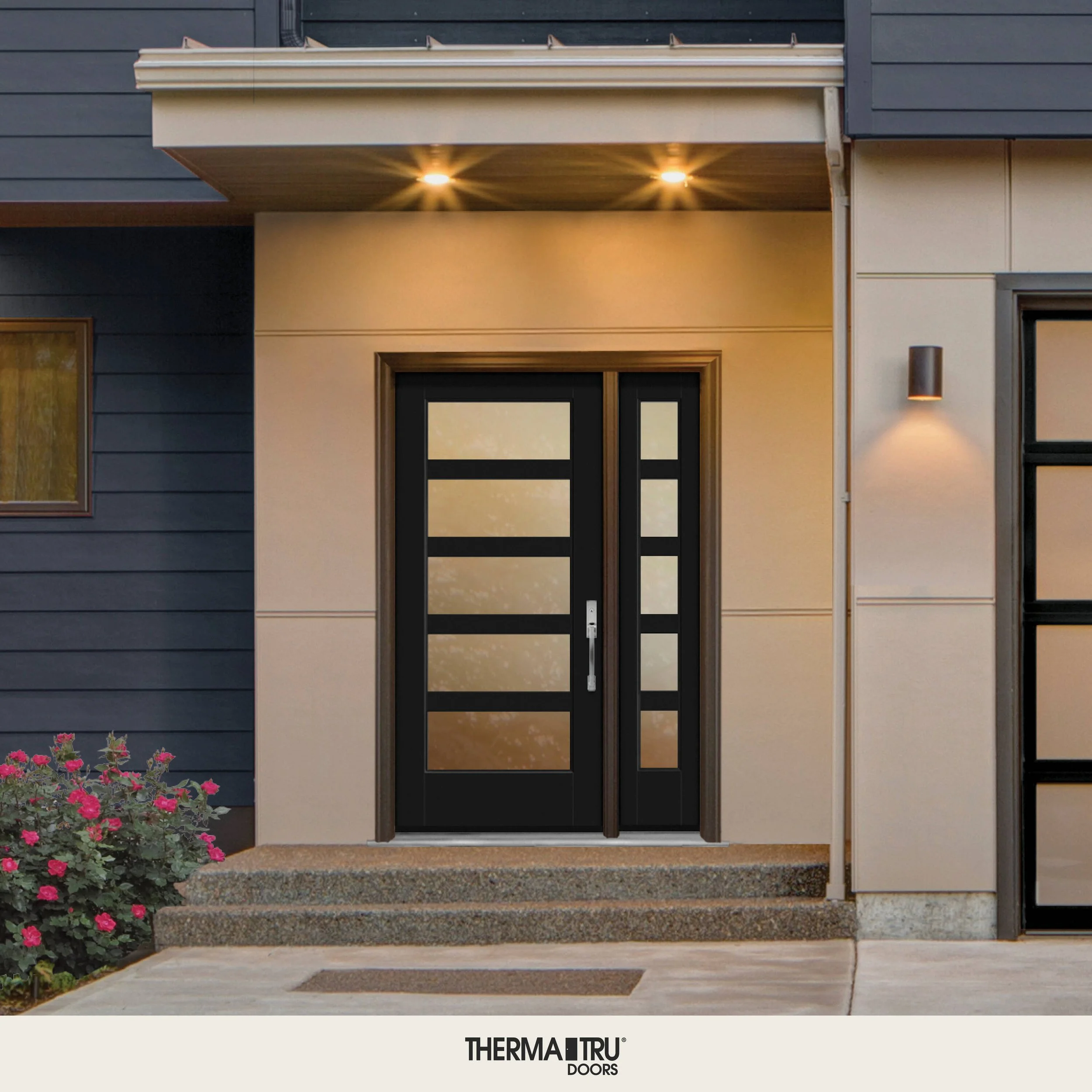 Modern front door with horizontal glass panels, black frame, silver handle, surrounded by beige and dark gray exterior walls, with steps and a flower bush nearby.