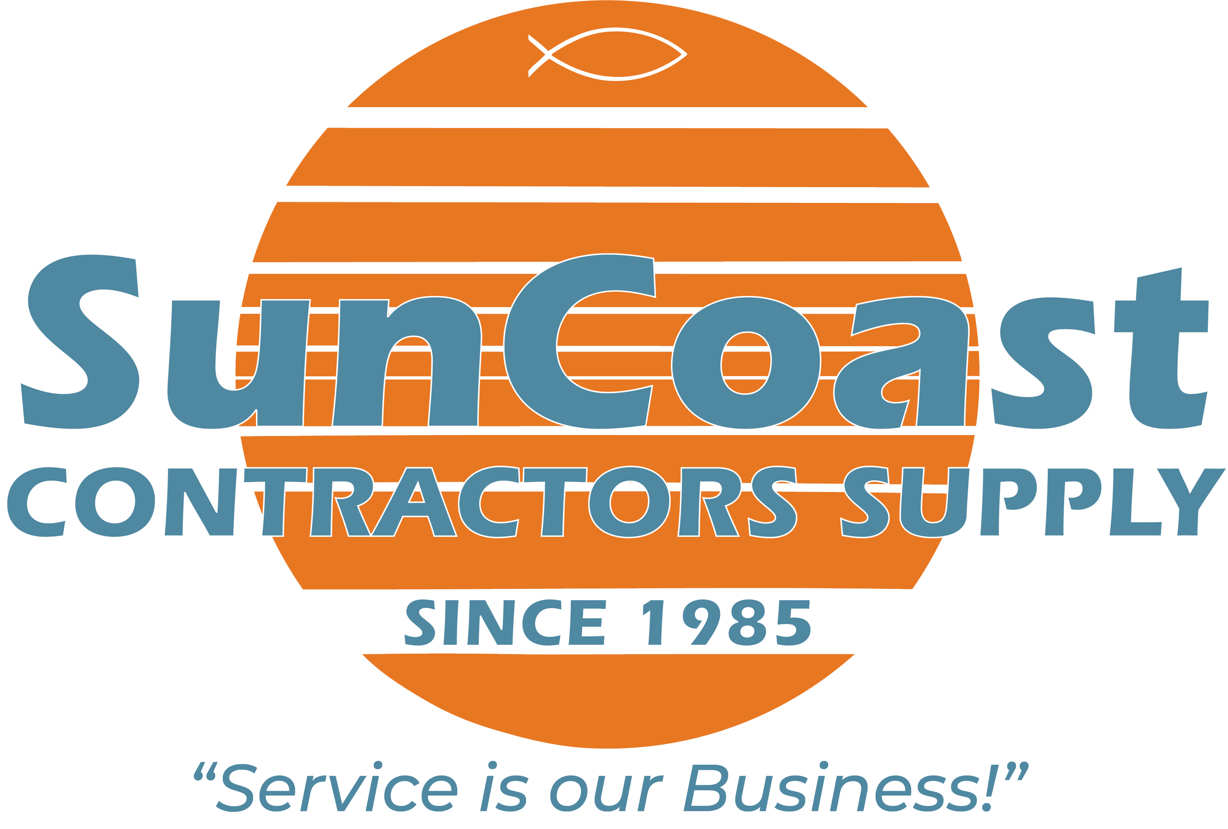 Logo of SunCoast Contractors Supply featuring a stylized orange sun with black horizontal lines, company name, established year 1985, and the slogan 'Service is our Business!'
