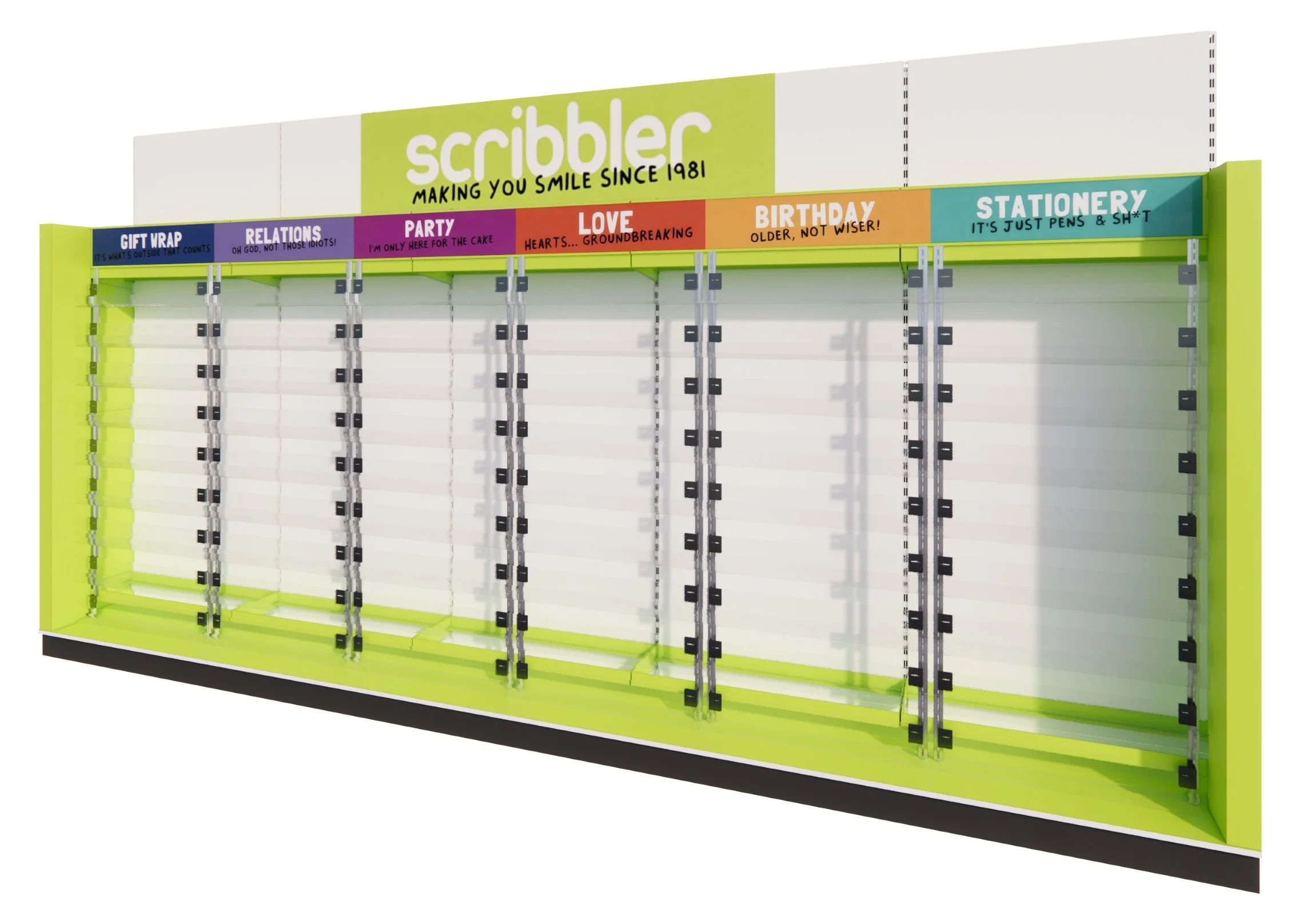 Retail shelving concept render with colourful signs and branding for Scribbler stationary store. Designed for Concession stores.