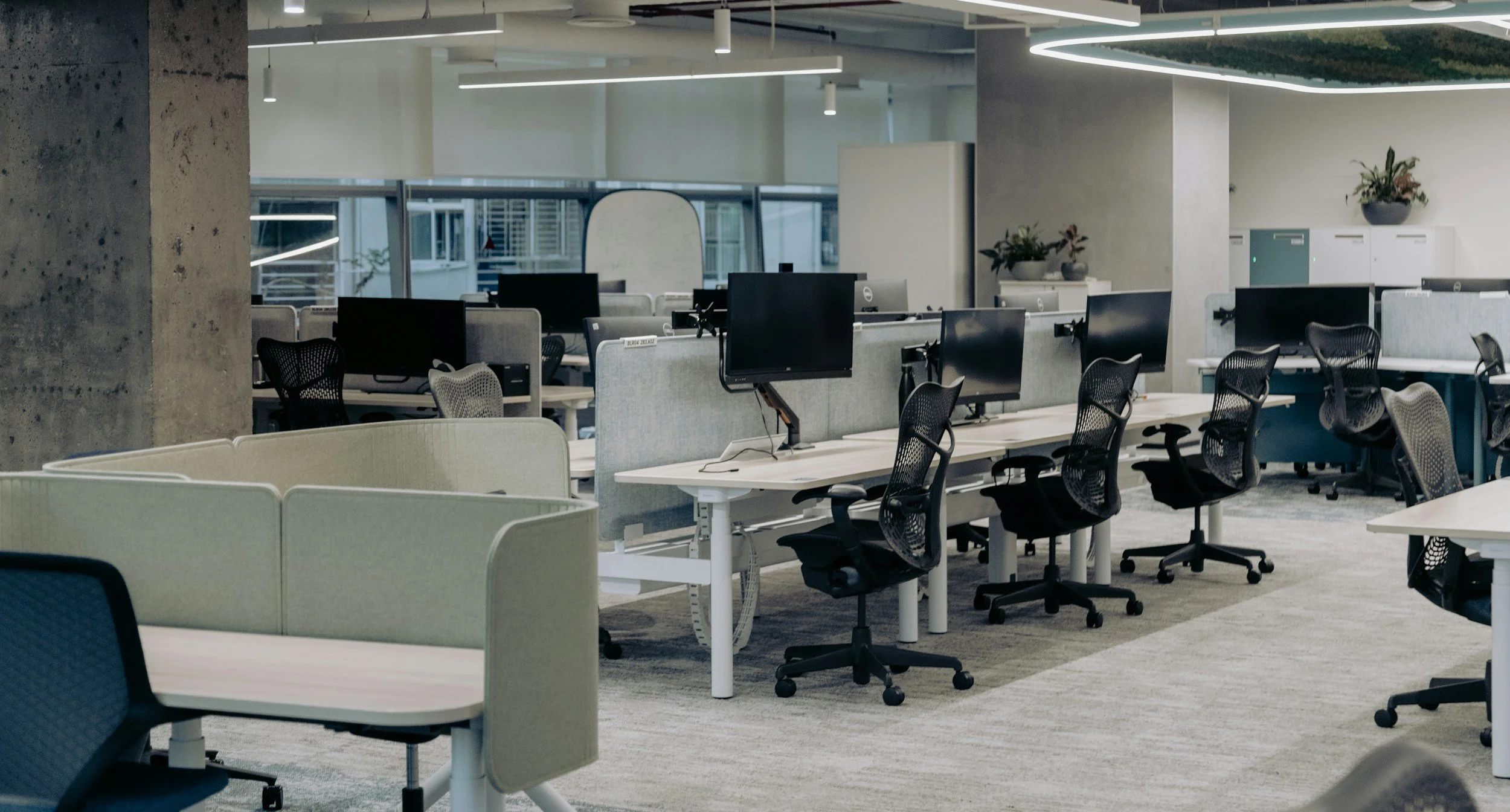 Empty modern office workspace with desks, ergonomic chairs, multiple computer monitors, and some green plants on shelves.