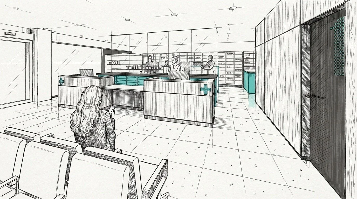 Illustration of a modern medical clinic reception area with a patient sitting in the waiting area, pharmacy counter in the background, and medical staff working behind the counter. The scene is depicted in black and white with teal accents.