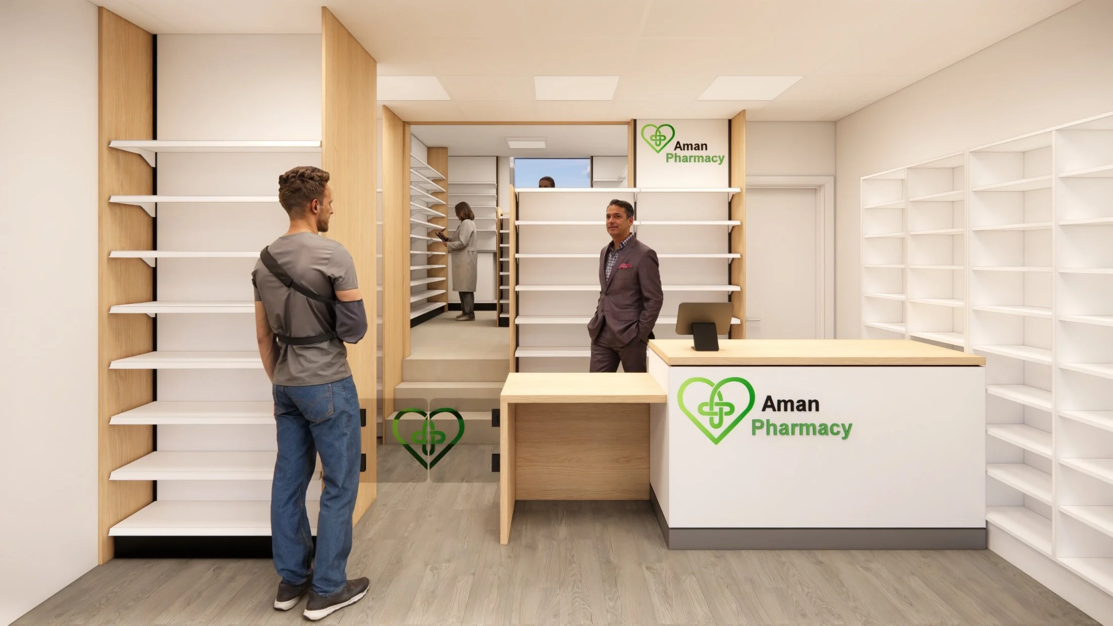 Interior concept render for a pharmacy with a pharmacist having a conversation near the bespoke sales counter. Retail shelves are empty, and the pharmacy sign, 'Aman Pharmacy,' is visible on the wall and counter. Dispensary area in the background.