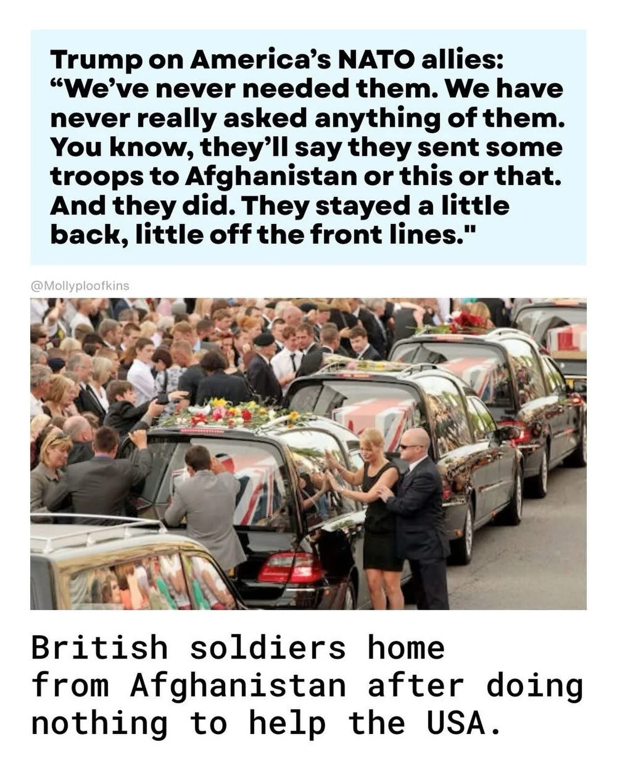 America.. consider this.. if Trump could easily disrespect the sacrifice of 457 British deaths in Afghanistan and countless injuries.. what do &lsquo;you&rsquo; mean to him.. doesn&rsquo;t he look tired? #donaldtrump #bonespurs #trump #afghanistan #a