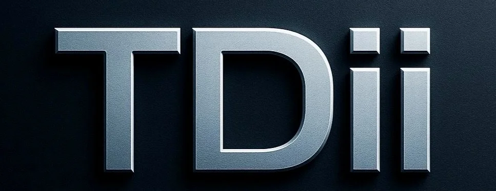 Close-up of the letters 'TDi' in metallic finish on a dark background.