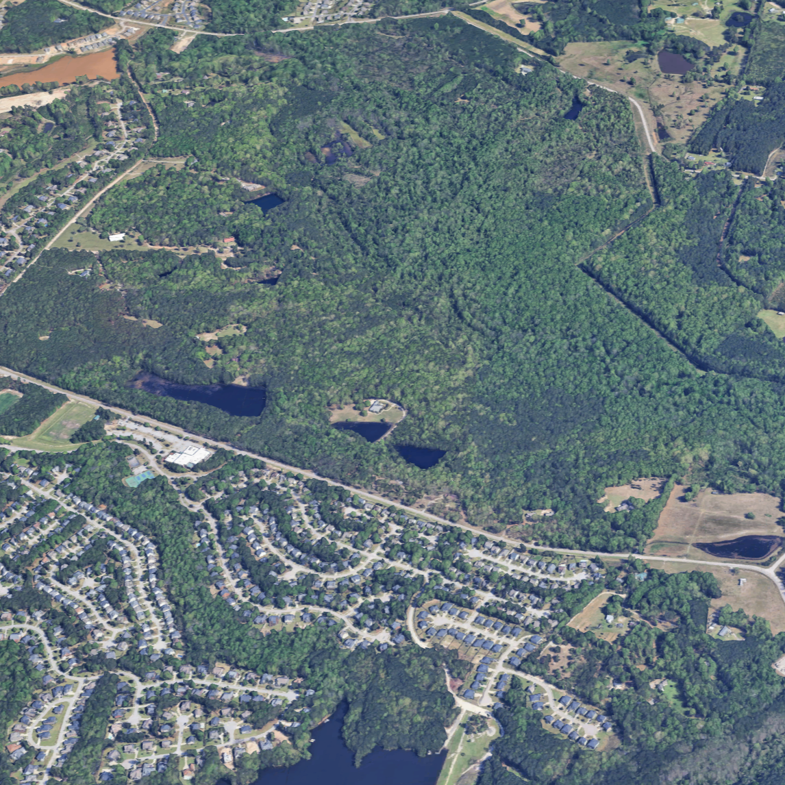 Aerial view of a wooded park with small lakes surrounded by residential neighborhoods.