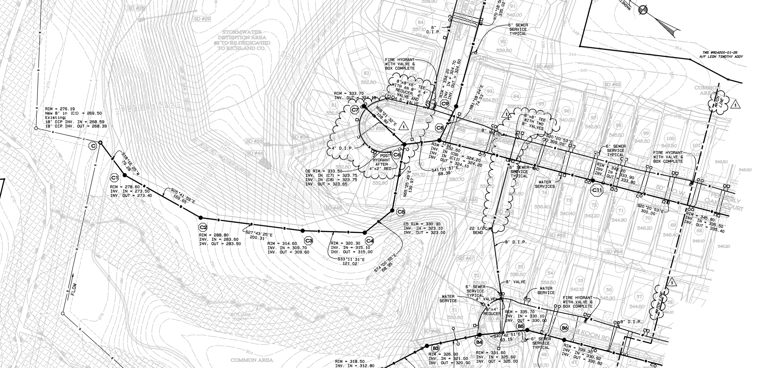 A detailed technical blueprint of a water and fire protection system, including labels for valves, hydrants, pipelines, and elevation contour lines.