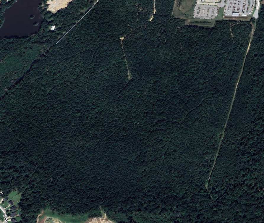 Aerial view of a dense forest with trails and nearby infrastructure including a parking lot and residential area.